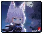  1girl :&lt; animal_ears aqua_eyes armguards azur_lane bangs black_coat blunt_bangs blurry coat coat_on_shoulders commentary_request crossed_arms depth_of_field eyebrows_visible_through_hair eyeshadow fox_ears fox_girl fox_tail full_moon japanese_clothes kaga_(azur_lane) kaga_(dusk-simurgh&#039;s_vigil)_(azur_lane) kyuubi long_sleeves looking_at_viewer makeup moon multiple_tails night night_sky short_hair sidelocks signature sky solo tail taisa_(kari) tree twitter_username v-shaped_eyebrows white_hair wide_sleeves wind 