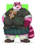  2022 anthro belly big_belly black_nose canid canine clothed clothing cute_fangs hi_res humanoid_hands kemono kusosensei male mammal obese obese_male overweight overweight_male pink_body raccoon_dog simple_background solo tanuki 