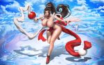  1girl ass bare_arms bare_legs bare_shoulders bikini black_hair blue_sky blush breasts cleavage cloud fatal_fury hairband hand_fan highres holding holding_fan large_breasts leg_up long_hair looking_at_viewer nipples ponytail red_eyes shadow shiranui_mai sky smile solo standing standing_on_one_leg swimsuit the_king_of_fighters water yonpii 