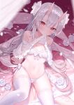  1girl absurdres blush bra earrings grey_hair highres hololive horns jewelry lace-trimmed_legwear lace_trim lifted_by_self mouth_hold multicolored_hair nakiri_ayame navel oni_horns panties red_eyes red_hair rin31153336 solo stomach streaked_hair underwear virtual_youtuber white_bra white_panties 