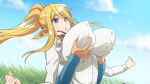  1boy 1girl absurdly_long_hair animal_ears artist_request blonde_hair blue_eyes breast_grab breasts centaur centorea_shianus covered_nipples eyebrows_visible_through_hair game_cg grabbing grass hetero high_ponytail horse_ears huge_breasts impossible_clothes long_hair monster_musume_no_iru_nichijou monster_musume_no_iru_nichijou_online official_alternate_costume official_art open_mouth outdoors pointy_ears shirt sidelocks taur very_long_hair white_shirt 