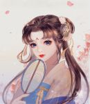  1girl absurdres black_hair blue_eyes double_bun dress facial_mark forehead_mark hand_fan highres long_hair looking_at_viewer ribbon shan_lan weibo_id xian_jian_qi_xia_zhuan zhao_linger 