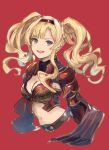  1girl :d armor black_hairband blonde_hair blue_eyes braid breastplate breasts cleavage cleavage_cutout clothing_cutout cropped_torso eyebrows_visible_through_hair floating_hair granblue_fantasy hair_intakes hairband highres long_hair looking_at_viewer medium_breasts midriff navel open_mouth pauldrons red_background shimatani_azu shiny shiny_hair shoulder_armor simple_background sketch smile solo stomach twintails upper_body zeta_(granblue_fantasy) 
