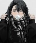  1girl black_hair black_shirt blackbox_(blackbox9158) bubble_blowing chewing_gum grey_eyes hair_between_eyes hands_up highres long_sleeves looking_at_viewer omniscient_reader&#039;s_viewpoint scarf shirt solo symbol-only_commentary twintails upper_body white_background yoo_mia 