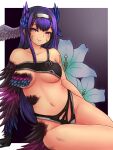  1girl bangs bare_shoulders black_feathers blue_feathers breasts character_request commentary_request facial_mark flower hairband harpy head_wings long_hair medium_breasts midriff monster_girl navel pink_eyes purple_feathers purple_hair solo tarte.k very_long_hair white_hairband winged_arms yoru_no_nai_kuni 