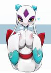  &lt;3 anthro anthrofied areola big_breasts breasts claws female froslass grey_body hand_on_breast long_ears looking_at_viewer menyang nintendo nipples pok&eacute;mon pok&eacute;mon_(species) red_body seductive solo video_games white_body 