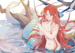  blue_eyes branch covering_nipples facial_mark forehead_mark lamia leaf long_hair monster_girl pose red_hair snake_tail tail tree water weibo_id xian_jian_qi_xia_zhuan yang_qiu_sanyue zhao_linger 