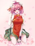  1girl :d ahoge bandaged_arm bandages bangs bun_cover cuffs double_bun eyebrows_visible_through_hair flower full_body green_skirt hair_bun ibaraki_kasen looking_at_viewer open_mouth petals pink_background pink_eyes pink_flower pink_hair pink_rose ribbon-trimmed_skirt ribbon_trim rose seiza shackles short_hair short_sleeves sitting skirt smile tabard touhou tuyu_iro 