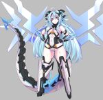  1girl absurdres blue_eyes blue_hair breasts covered_navel dragon_girl dragon_horns dragon_tail fang fang_out highres horns konoshige_(ryuun) leotard long_hair red_eyes slit_pupils small_breasts solo tail venus_blood_-orbit- very_long_hair white_leotard wings 