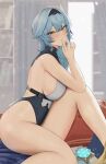  1girl asymmetrical_hair bare_legs blue_hair blurry blurry_background bookshelf breasts detached_collar eula_(genshin_impact) eyebrows_visible_through_hair finger_to_mouth from_side genshin_impact hairband highres large_breasts leotard light_blue_hair looking_at_viewer nvl partially_undressed saliva solo sweat thighs twitter_username vision_(genshin_impact) window yellow_eyes 