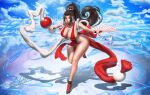  1girl ass bare_arms bare_legs bare_shoulders bikini black_hair blue_sky breasts cleavage cloud fatal_fury hairband hand_fan highres holding holding_fan large_breasts leg_up long_hair looking_at_viewer ponytail red_eyes shadow shiranui_mai sky smile solo standing standing_on_one_leg swimsuit the_king_of_fighters water yonpii 