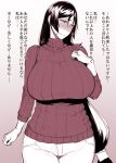  1girl bangs blush breasts closed_mouth commentary_request fate/grand_order fate_(series) greyscale hand_on_own_chest huge_breasts jewelry large_breasts long_hair looking_away low-tied_long_hair minamoto_no_raikou_(fate) monochrome pants parted_bangs ring simple_background solo sweat sweater tanishi_(tani4) translation_request very_long_hair wedding_ring 
