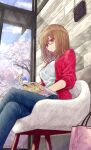  1girl absurdres aramachi bob_cut breasts brown_hair chair cherry_blossoms crossed_legs cup denim disposable_cup glasses highres holding holding_cup indoors jeans large_breasts light_smile magazine_(object) medium_hair original pants purple_eyes sitting solo window 