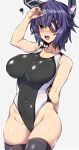  1girl bare_arms bare_shoulders black_legwear black_swimsuit blush breasts collarbone competition_swimsuit covered_navel cowboy_shot eyebrows_visible_through_hair eyepatch grey_background groin hair_between_eyes headgear highres kantai_collection large_breasts one-piece_swimsuit open_mouth purple_hair short_hair solo swimsuit tenryuu_(kancolle) thighhighs yellow_eyes yoshi_tama 