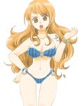  1girl bikini bracelet breasts cleavage collarbone earrings hand_on_hip jewelry large_breasts long_hair looking_at_viewer maaruutaa0 midriff nami_(one_piece) navel one_piece open_mouth orange_eyes orange_hair shoulder_tattoo solo swimsuit tattoo white_background 