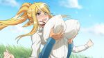  1boy 1girl absurdly_long_hair animal_ears artist_request blonde_hair blue_eyes blush breast_grab breasts centaur centorea_shianus covered_nipples eyebrows_visible_through_hair game_cg grabbing grass hetero high_ponytail horse_ears huge_breasts impossible_clothes long_hair monster_musume_no_iru_nichijou monster_musume_no_iru_nichijou_online official_alternate_costume official_art open_mouth outdoors pointy_ears shirt sidelocks taur very_long_hair wavy_mouth white_shirt 