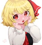  1girl bad_id bad_pixiv_id blonde_hair dated hair_ribbon hands_on_own_cheeks hands_on_own_face highres long_sleeves nukojinuko open_mouth red_eyes ribbon round_teeth rumia shirt short_hair signature simple_background solo teeth touhou upper_body upper_teeth_only vest white_background 