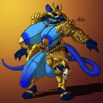  1:1 absurd_res anthro areola armor balls belt big_areola big_balls big_breasts big_penis black_eyes black_sclera blue_balls blue_body blue_fur blue_nails blue_penis blue_tail bone breasts brown_background brown_clothing bulge clothed clothing colored_nails digital_drawing_(artwork) digital_media_(artwork) fur genitals gesture gold_(metal) gold_armor gradient_background gynomorph headgear helmet hi_res horn huge_areola huge_balls huge_breasts huge_penis hyper hyper_genitalia hyper_penis intersex jewelry long_tail mammal murid murine nails necklace paws penis pointing rashchaos rat rodent shadow sharp_nails sharp_spikes sharp_teeth signature simple_background skull solo spikes standing teeth yellow_armor yellow_background 