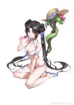  1girl absurdres black_hair double_bun eating food hat highres ice_cream melting nicholas.f snake staff swimsuit twintails white_background xian_jian_qi_xia_zhuan zhao_linger 