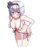  1girl :o bangs bikini black_hairband black_panties black_ribbon bob_cut bra breasts cleavage commentary_request commission cowboy_shot cropped_legs eyelashes glasses hair_ribbon hairband konpaku_youmu leaning_forward looking_at_viewer medium_breasts midriff navel open_mouth panties red_eyes ribbon round_eyewear short_hair silver_hair simple_background standing stomach swimsuit taeminhyeon touhou underwear undressing white_background white_bikini white_bra white_panties 