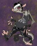  anthro baggy_eyes black_body black_fur bottomwear chest_tuft claws clothing denim denim_clothing ear_piercing ear_ring elbow_tuft eye_spots facerot facial_hair fangs fur grey_body grey_fur hair half-closed_eyes hi_res izzy_(cadaverrdog) jeans male mammal marsupial membrane_(anatomy) multicolored_hair narrowed_eyes open_mouth pants patagium petaurid phalangeriform piercing potbelly punk red_sclera shirt sideburns simple_background solo studded_bracelet sugar_glider tank_top toe_claws topwear tuft two_tone_hair whiskers 