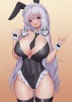  1girl :d \m/ absurdres ahoge alternate_costume animal_ears apron azur_lane black_legwear black_leotard black_necktie black_neckwear blue_eyes breasts covered_navel covered_nipples cowboy_shot fake_animal_ears highres illustrious_(azur_lane) large_breasts leotard long_hair looking_at_viewer maid_headdress mole mole_under_eye necktie pinkcap playboy_bunny rabbit_ears smile solo strapless strapless_leotard thighhighs thighs very_long_hair white_hair wrist_cuffs 