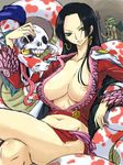  black_hair boa_hancock breasts crossed_legs earrings green_eyes hannyabal highres huge_breasts jewelry legs_crossed long_hair michael midriff nipple_slip nipples no_bra one_piece resized salome_(one_piece) sitting skirt skull smile snake 