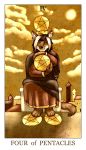  brown_fur brown_hair building canine card clothing cloud dress ear_piercing female feralise four_of_pentacles_(tarot) fur hair inner_ear_fluff mammal minor_arcana multicolored_hair outside pentacle piercing r_uv robe sky sun tarot_card tower two_tone_hair white_fur white_hair wolf 