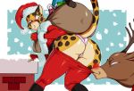  2018 anthro bag blue_eyes blush butt cervine cheetah chimney christmas clothed clothing duo feline female feral fur holidays looking_back mammal mcfli pants_down partially_clothed rear_view red_nose reindeer rudolph_the_red_nosed_reindeer santa_claus smile solo_focus spots underwear undressing wardrobe_malfunction yellow_fur 