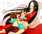  1boy 1girl black_hair blue_eyes boa_hancock earrings food grey_eyes heart highres hug jacket jewelry long_hair meat monkey_d_luffy navel one_piece open_clothes red_jacket sash scar shorts side_slit sitting skirt vest 