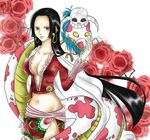  1girl amazon amazon_lily black_hair boa_hancock breasts cape cleavage earrings female flower highres horns jacket jewelry long_hair long_skirt long_sleeves midriff navel one_piece pet red_jacket red_rose rose salome_(one_piece) sash shichibukai side_slit skirt skull snake spotted 