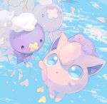  blue_background blue_eyes commentary_request creatures_(company) ditto drifloon flying game_freak gen_1_pokemon gen_4_pokemon hideko_(l33l3b) highres jigglypuff nintendo no_humans parted_lips pokemon pokemon_(creature) 