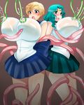  2girls bb bishoujo_senshi_sailor_moon blush breasts gigantic_breasts highres huge_breasts kaiou_michiru lactation large_breasts milk_leaking_through_clothing multiple_girls nipples sailor_neptune sailor_uranus shrimp-mayo ten'ou_haruka tenou_haruka tentacle 