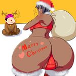  antlers ass bell black_hair body_writing breasts christmas closed_eyes collar dark_skin fat_mons hat heart huge_ass jingle_bell locketmonkey medium_breasts original panties partially_visible_vulva reindeer sack santa_costume santa_hat solo thighhighs thong translation_request underboob underwear 