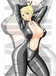  areolae arms_up artist_request blonde_hair bodysuit breasts cameltoe center_opening character_request cleavage erect_nipples hips large_breasts latex nipples skin_tight smile source_request thick_thighs thighs unzipped wide_hips zoom_layer 