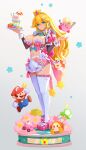  1girl 2boys altar blonde_hair blue_eyes breasts cleavage crown highres kirby kirby_(series) kirby_and_the_forgotten_land large_breasts long_hair mario mario_(series) multiple_boys mushroommirror pantyhose princess_peach simple_background skindentation very_long_hair white_background 