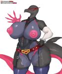  anthro big_breasts breasts female genitals girlsay hand_on_hip hi_res huge_breasts nintendo nipples pok&eacute;mon pok&eacute;mon_(species) pussy pussy_floss salazzle simple_background solo video_games white_background 