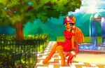  absurd_res anthro brony caliluminos character_name: clothing dress equid equine female firepony garden hasbro hi_res horse mammal my_little_pony pegasus pony sitting solo wings 