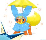  :3 blue_raincoat closed_mouth evolutionary_line flareon highres holding holding_umbrella no_humans pokemon pokemon_(creature) raincoat umbrella vaporeon yellow_umbrella 