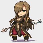  1girl bare_shoulders breasts brown_hair chibi detached_sleeves dress full_body gloves green_eyes hair_over_one_eye holding holding_weapon ibara. large_breasts long_hair red_legwear sleeveless sleeveless_dress solo staff tabard tales_of_(series) tales_of_the_abyss tear_grants weapon white_gloves 