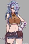  1girl bangs belt blue_eyes blue_hair blue_shorts breasts brown_belt brown_shirt collared_shirt cosplay cropped_shirt devil_may_cry_(series) devil_may_cry_5 elira_pendora glasses gloves grey_background hair_behind_ear hair_over_one_eye hand_on_hip highres holding holding_wrench kmmkn large_breasts midriff navel nico_(devil_may_cry) nico_(devil_may_cry)_(cosplay) nijisanji nijisanji_en ponytail shirt shorts single_glove sleeveless sleeveless_shirt smile solo virtual_youtuber wide_hips wrench 
