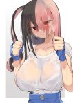  1girl bangs black_hair blue_gloves blue_skirt boxing breasts collarbone eyebrows_visible_through_hair fighting_stance fingerless_gloves gloves hair_between_eyes high-waist_skirt highres indie_virtual_youtuber large_breasts long_bangs long_hair looking_at_viewer multicolored_hair original pink_hair red_eyes satou_daiji see-through_shirt shirt simple_background skirt solo sweat tearing_up towa_(towa_akqj10) two-tone_hair upper_body virtual_youtuber white_background white_shirt 