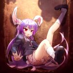  1girl animal_ears bangs black_footwear black_jacket eyebrows_visible_through_hair fallen_down full_body isu_(is88) jacket long_hair long_sleeves looking_at_viewer open_mouth pink_skirt pleated_skirt purple_hair rabbit_ears red_eyes reisen_udongein_inaba skirt solo touhou white_legwear 