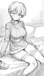  1girl absurdres bed blush brave_witches breasts closed_mouth clothes_pull eyebrows_visible_through_hair fankupl greyscale highres large_breasts looking_at_viewer monochrome nikka_edvardine_katajainen on_bed pantyhose pantyhose_pull short_hair sitting solo sweater world_witches_series 