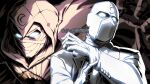  2boys blue_eyes chamba dual_persona english_commentary gloves glowing glowing_eyes hood hood_up jacket making-of_available male_focus marvel marvel_cinematic_universe mask moon_knight moon_knight_(disney+) multiple_boys superhero twitter_username white_gloves white_jacket 