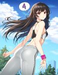  1girl absurdres ass back bangs bare_shoulders black_hair breasts building cloud cloudy_sky counter:side crescent floating_hair from_behind grey_pants highres leaning_forward long_hair looking_at_viewer looking_back medium_breasts numbered official_art outdoors pants parted_lips purple_wristband red_eyes shoulder_blades sidelocks sky skyscraper solo speech_bubble sports_bra sportswear track_pants tree wireless_earphones xiao_lin_(counter:side) 