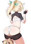  1girl ass back bike_shorts blonde_hair blush chest_sarashi ear_blush fingerless_gloves from_behind fundoshi gloves hair_ribbon hanuma_hanma hololive japanese_clothes kazama_iroha long_hair pokobee ponytail ribbon sarashi simple_background solo tanuki virtual_youtuber white_background 