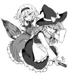  2girls absurdres alice_margatroid apron arm_up artist_name back_bow bangs belt bow braid broom broom_riding capelet dress eyebrows_visible_through_hair flying frills gloves greyscale hair_between_eyes hair_bow hairband hand_on_headwear hand_up hat hat_bow highres hoshiringo0902 juliet_sleeves kirisame_marisa long_hair long_sleeves looking_at_another monochrome multiple_girls necktie open_mouth puffy_long_sleeves puffy_sleeves scarf shirt short_hair simple_background single_braid sitting smile teeth tongue touhou white_background witch_hat 
