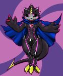  anthro bandai_namco belt black_body black_sclera cape claws clothing digimon digimon_ghost_game glowing glowing_eyes grusgammamon hi_res horn male sharp_claws sharp_teeth solo soukodragon stinger_tail teeth 