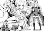  1girl ahoge bangs bare_legs blue_archive blush boots closed_mouth coat coffee_mug collared_shirt cup greyscale halo haruyukiko highres hina_(blue_archive) holding holding_cup horns innertube jacket knee_boots long_hair long_sleeves monochrome mug multiple_horns multiple_views one-piece_swimsuit open_clothes open_coat parted_bangs sandals shirt short_shorts shorts sitting sleeveless sleeveless_shirt smile standing swimsuit thighhighs very_long_hair 